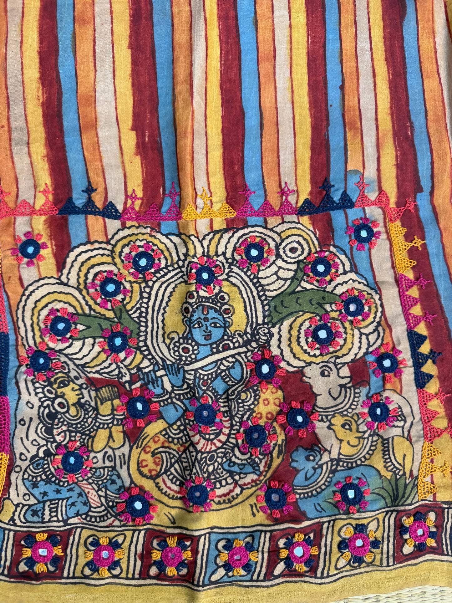 Penkalamkari modal silk with kutch work embroidery blouse material