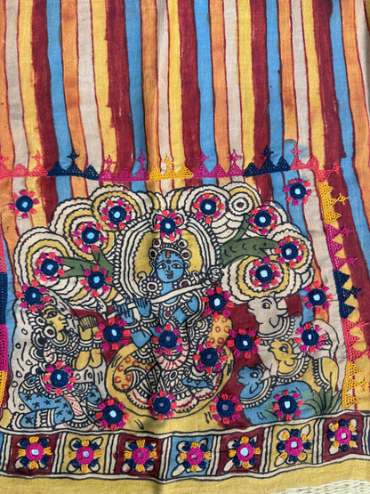 Penkalamkari modal silk with kutch work embroidery blouse material
