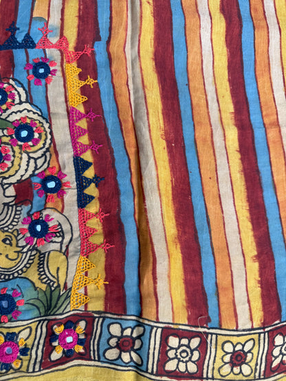 Penkalamkari modal silk with kutch work embroidery blouse material