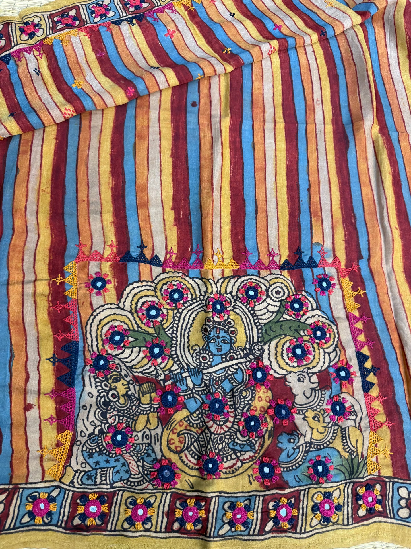 Penkalamkari modal silk with kutch work embroidery blouse material
