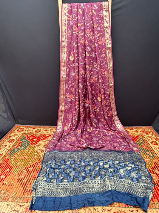 Digital Printed Gajjisilk Saree with Bandhini