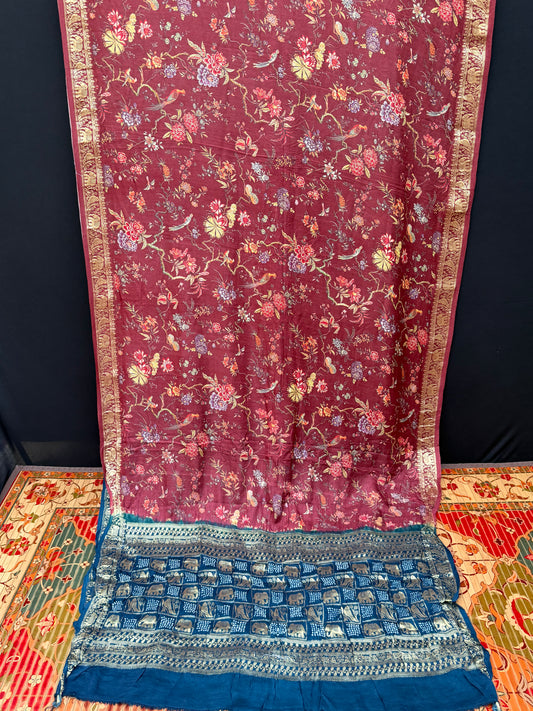 Digital Printed Gajjisilk Saree with Bandhini