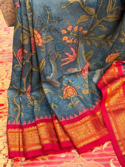 Pure Silk Gadwal Pattu With Penkalamkari Saree.