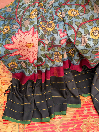Zari less Kanchipattu With Penkalamkari saree