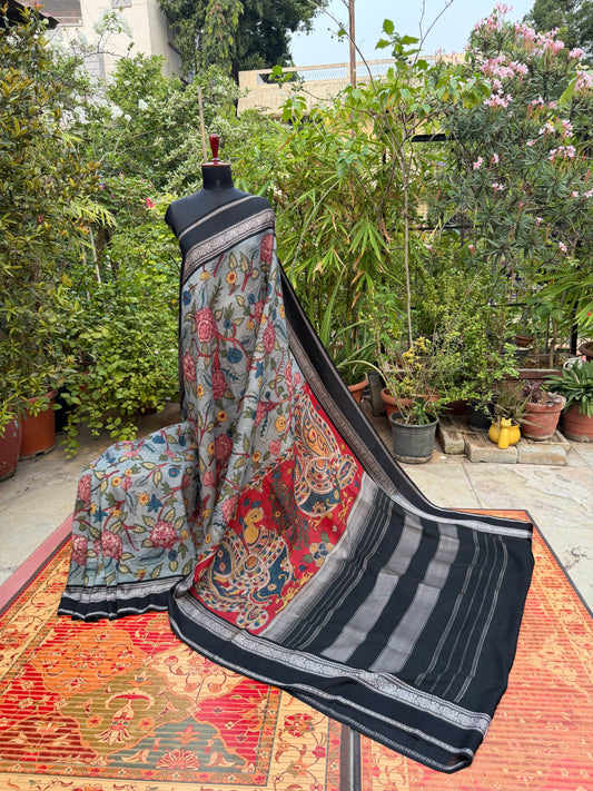 Zariless Kanchi Pattu With penkalamkari saree.