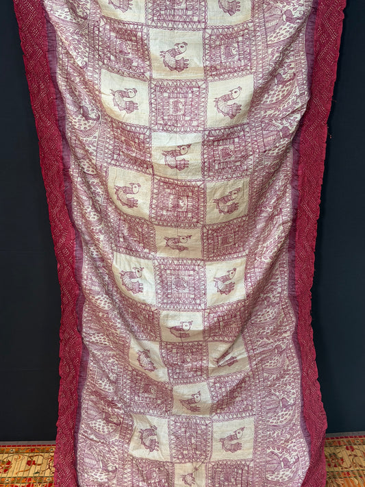 Tussar hand-drawn Madhubani and a handknotted Rai Bandhej saree.