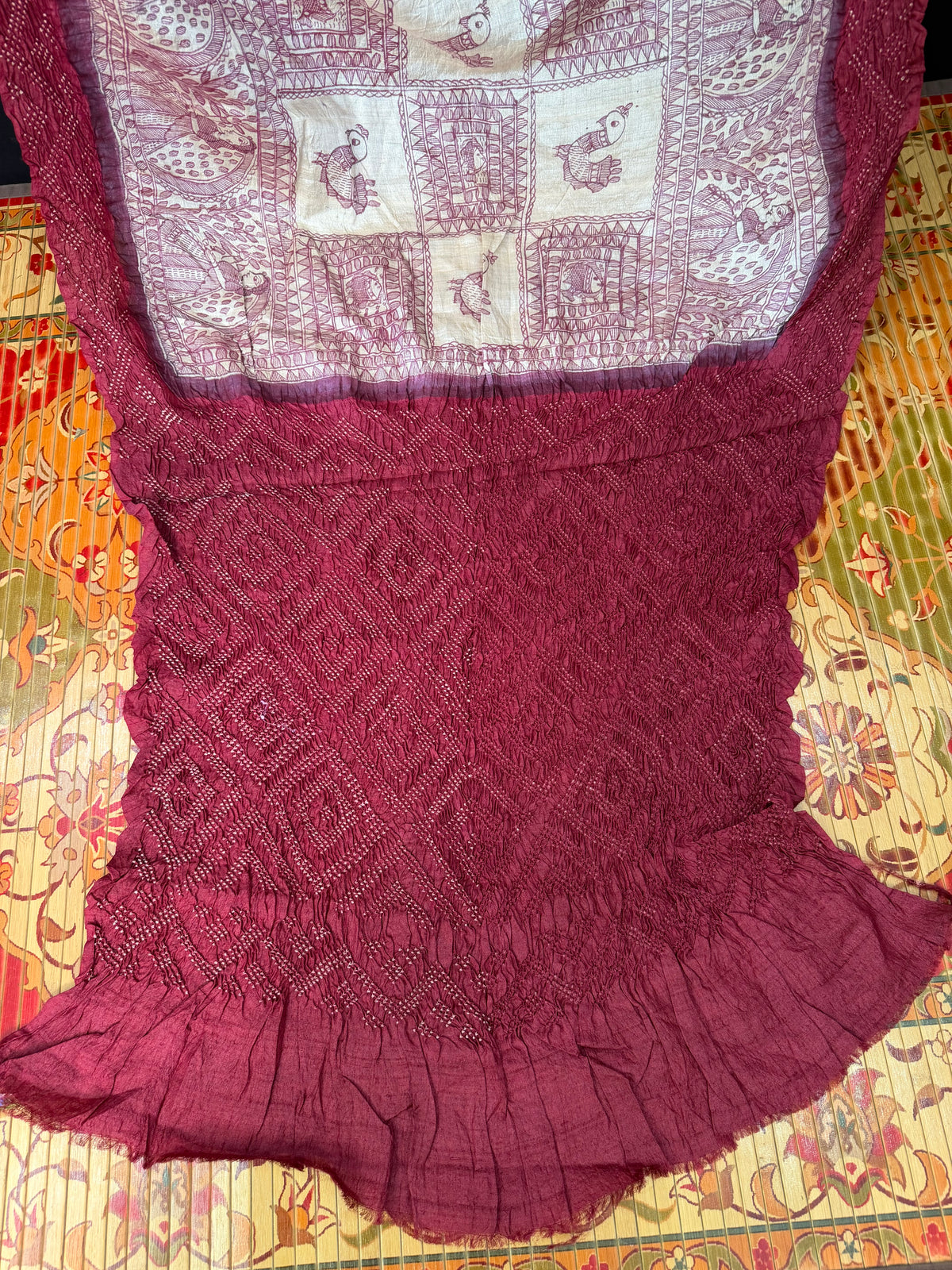 Tussar hand-drawn Madhubani and a handknotted Rai Bandhej saree.