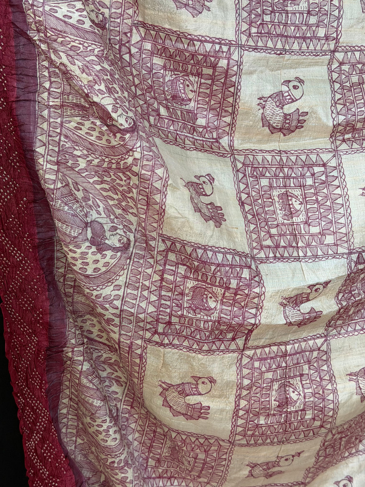 Tussar hand-drawn Madhubani and a handknotted Rai Bandhej saree.