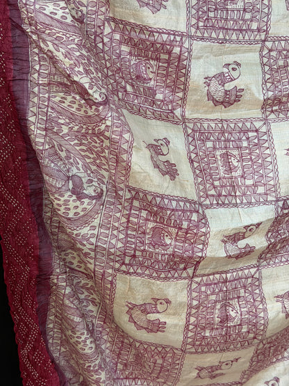 Tussar hand-drawn Madhubani and a handknotted Rai Bandhej saree.