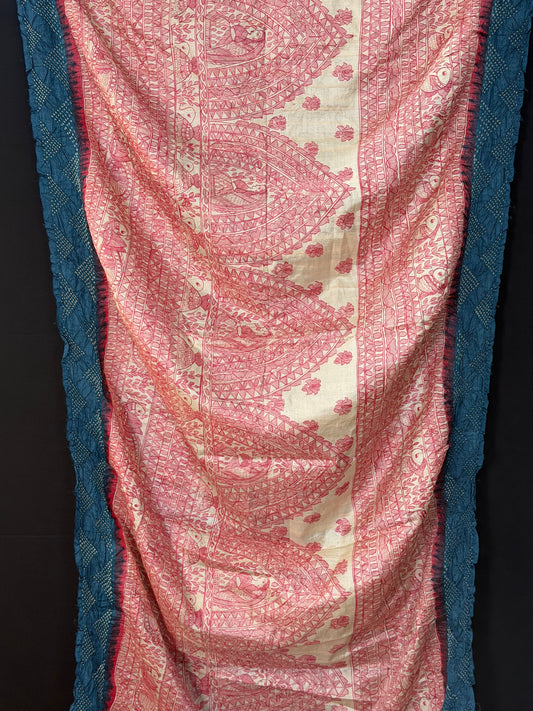 Tussar hand-drawn Madhubani and a handknotted Rai Bandhej saree.
