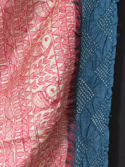 Tussar hand-drawn Madhubani and a handknotted Rai Bandhej saree.
