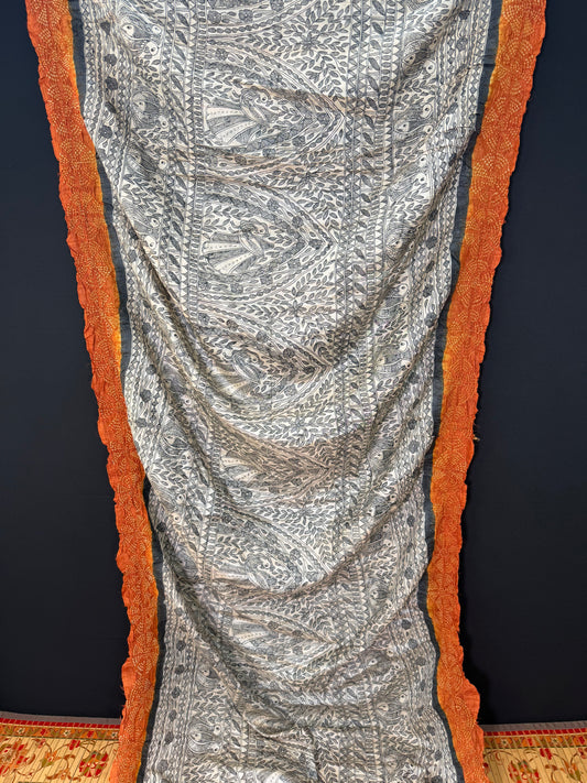 Tussar hand-drawn Madhubani and a handknotted Rai Bandhej saree.