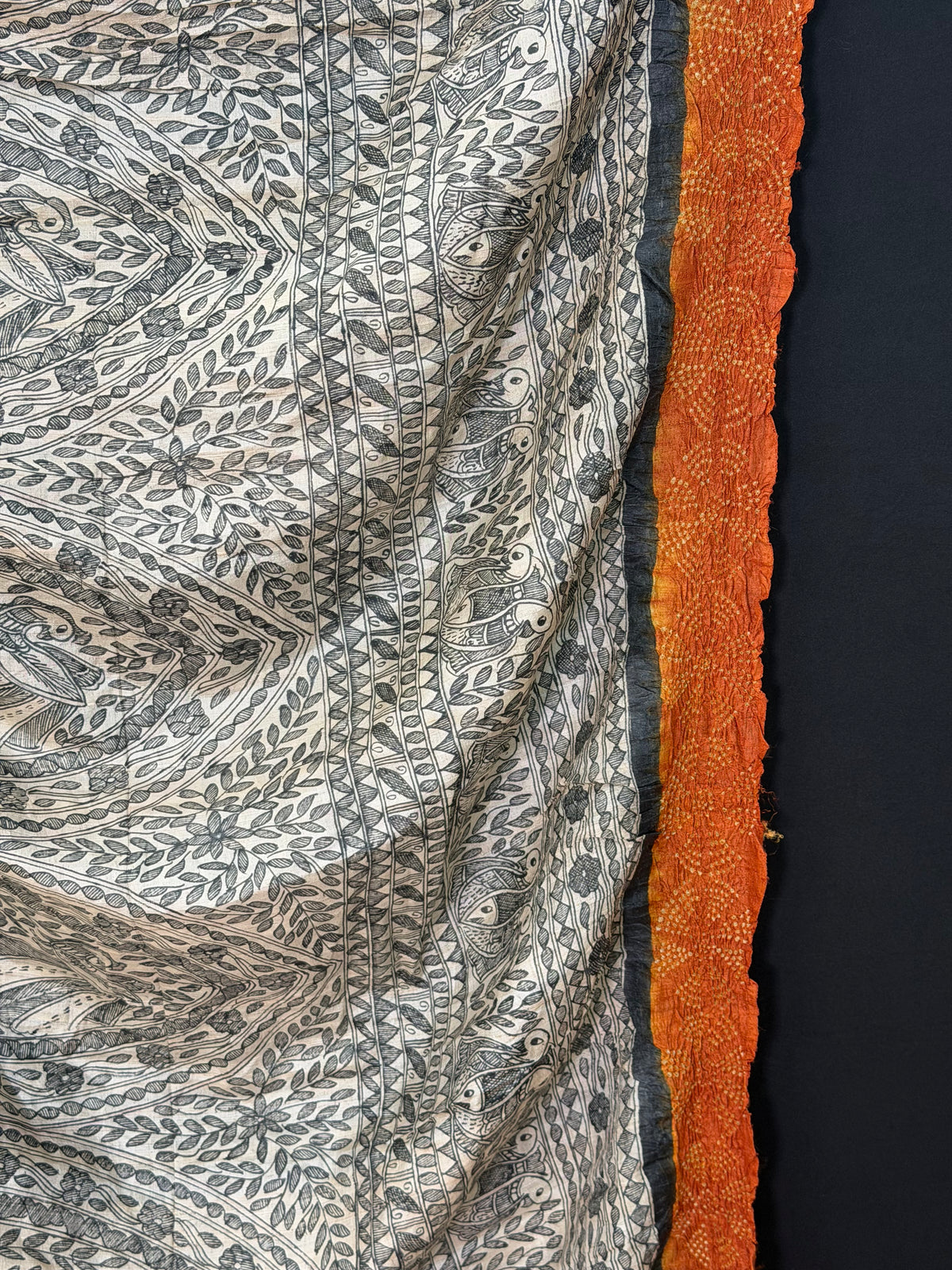 Tussar hand-drawn Madhubani and a handknotted Rai Bandhej saree.