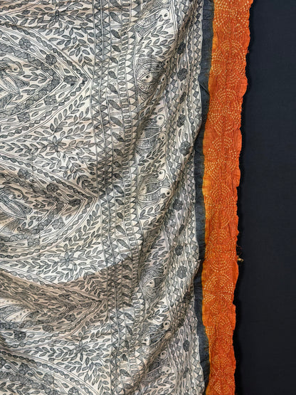 Tussar hand-drawn Madhubani and a handknotted Rai Bandhej saree.