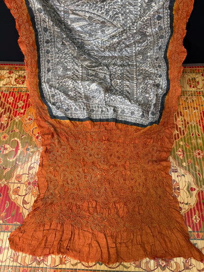 Tussar hand-drawn Madhubani and a handknotted Rai Bandhej saree.
