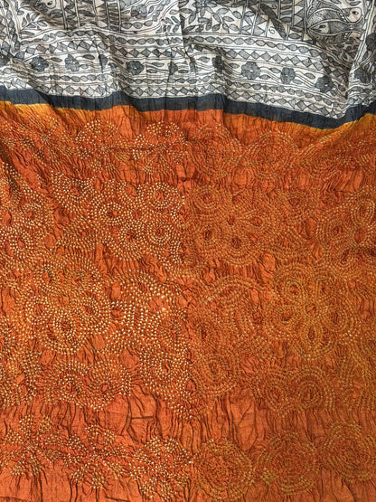 Tussar hand-drawn Madhubani and a handknotted Rai Bandhej saree.