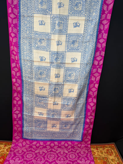 Tussar hand-drawn Madhubani and a handknotted Rai Bandhej saree