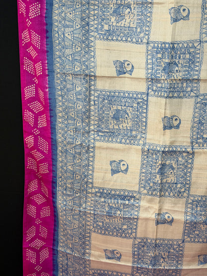 Tussar hand-drawn Madhubani and a handknotted Rai Bandhej saree