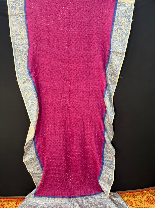 Tussar handknotted Bandhini with hand-drawn Madhubani saree.