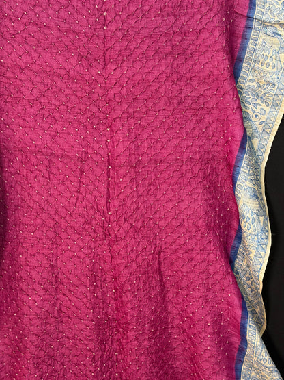 Tussar handknotted Bandhini with hand-drawn Madhubani saree.