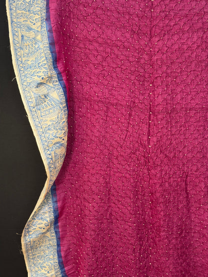 Tussar handknotted Bandhini with hand-drawn Madhubani saree.