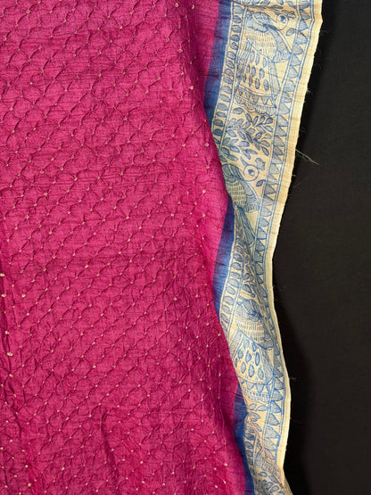Tussar handknotted Bandhini with hand-drawn Madhubani saree.