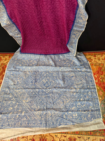 Tussar handknotted Bandhini with hand-drawn Madhubani saree.