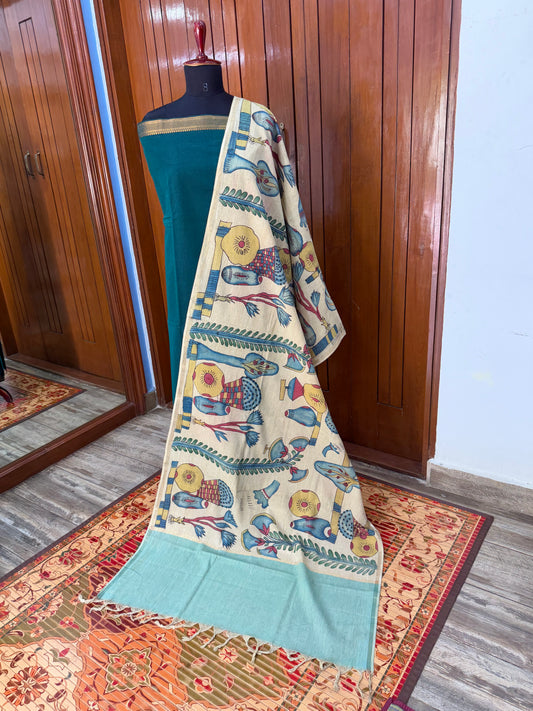 pure cotton kurti material paired with penkalamkari dupatta.