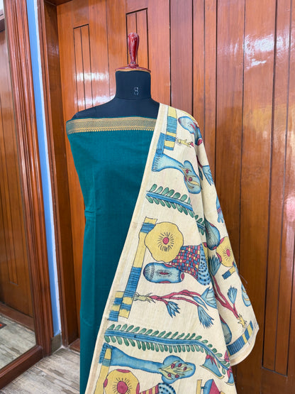 pure cotton kurti material paired with penkalamkari dupatta.