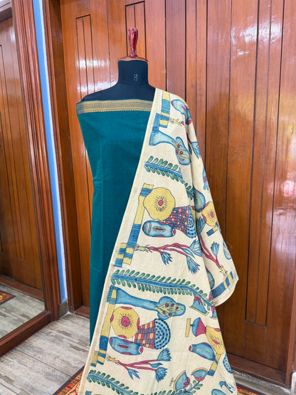 pure cotton kurti material paired with penkalamkari dupatta.