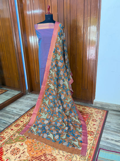 pure cotton kurti material paired with penkalamkari dupatta.