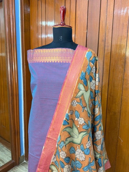 pure cotton kurti material paired with penkalamkari dupatta.