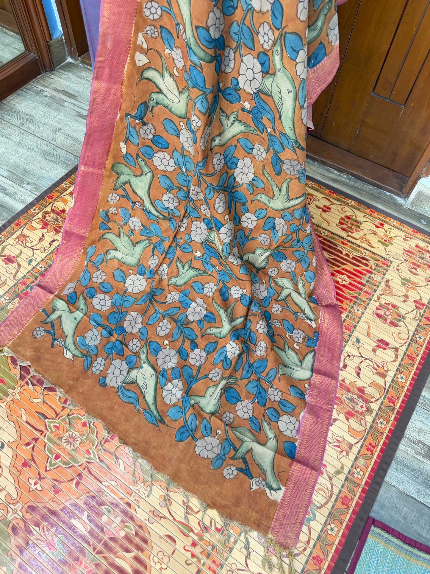 pure cotton kurti material paired with penkalamkari dupatta.