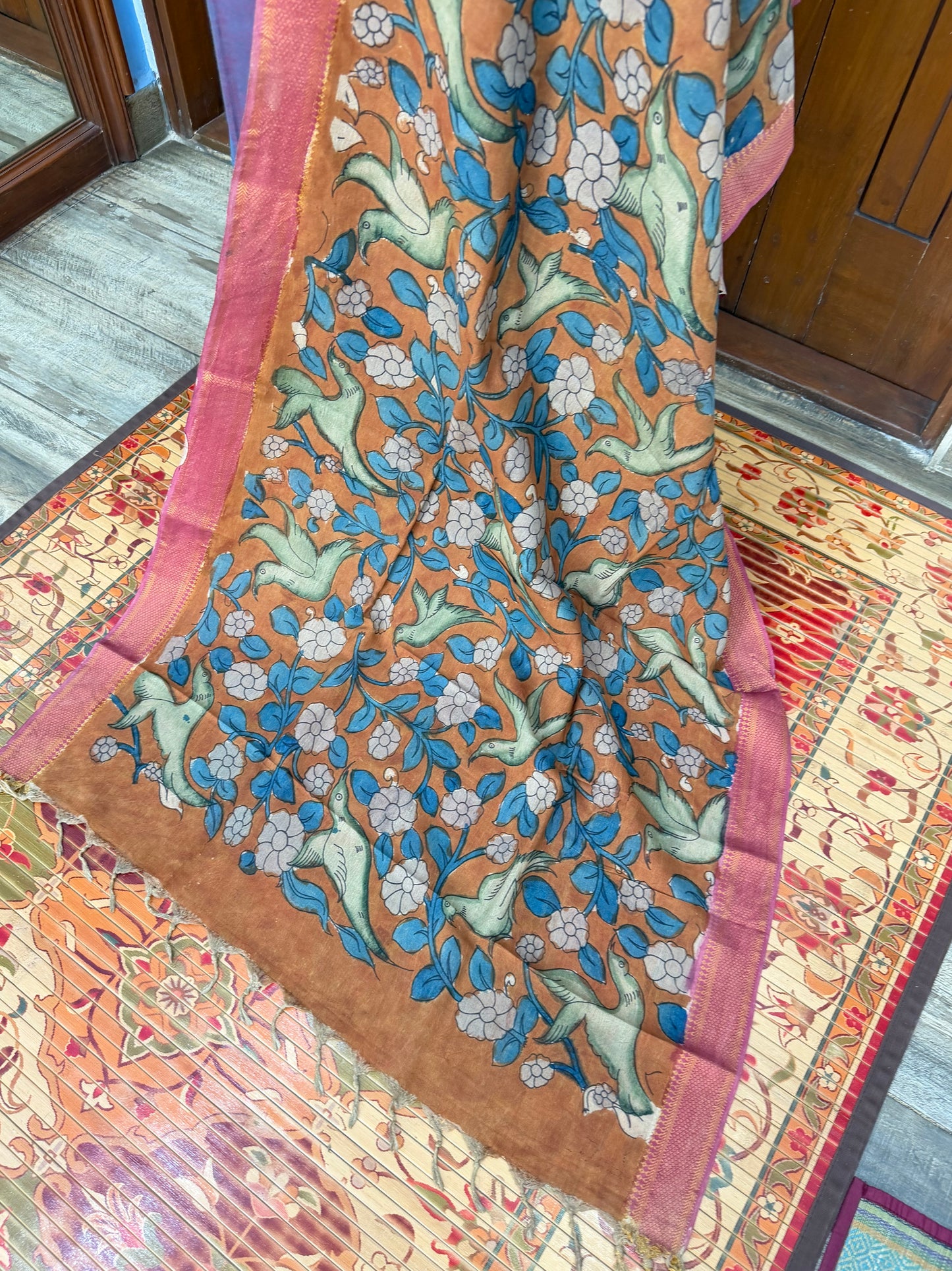 pure cotton kurti material paired with penkalamkari dupatta.