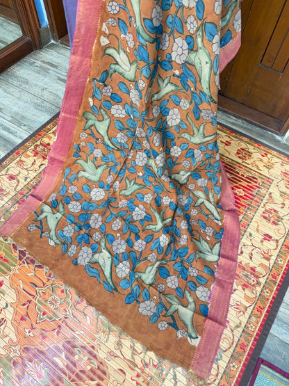 pure cotton kurti material paired with penkalamkari dupatta.