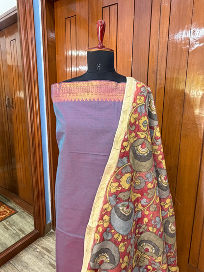 pure cotton kurti material paired with penkalamkari dupatta.