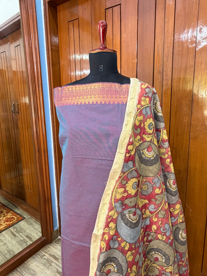 pure cotton kurti material paired with penkalamkari dupatta.