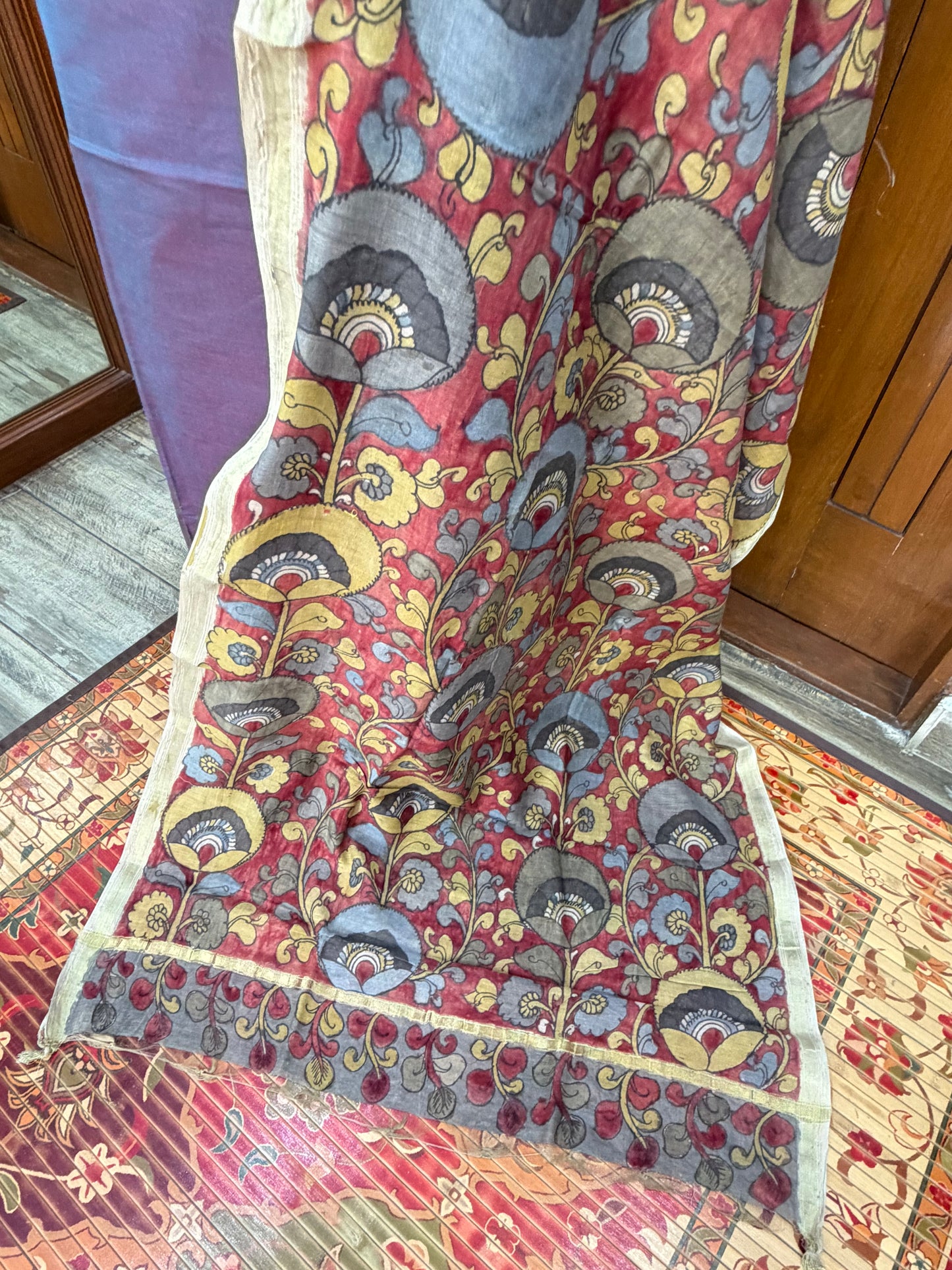 pure cotton kurti material paired with penkalamkari dupatta.