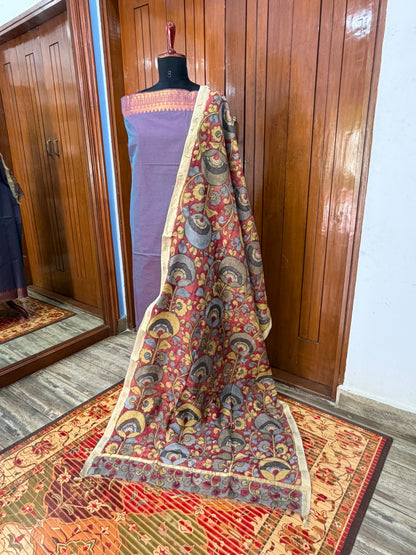 pure cotton kurti material paired with penkalamkari dupatta.
