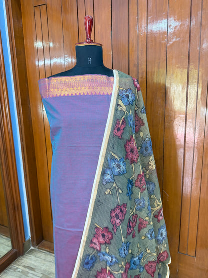 pure cotton kurti material paired with penkalamkari dupatta.