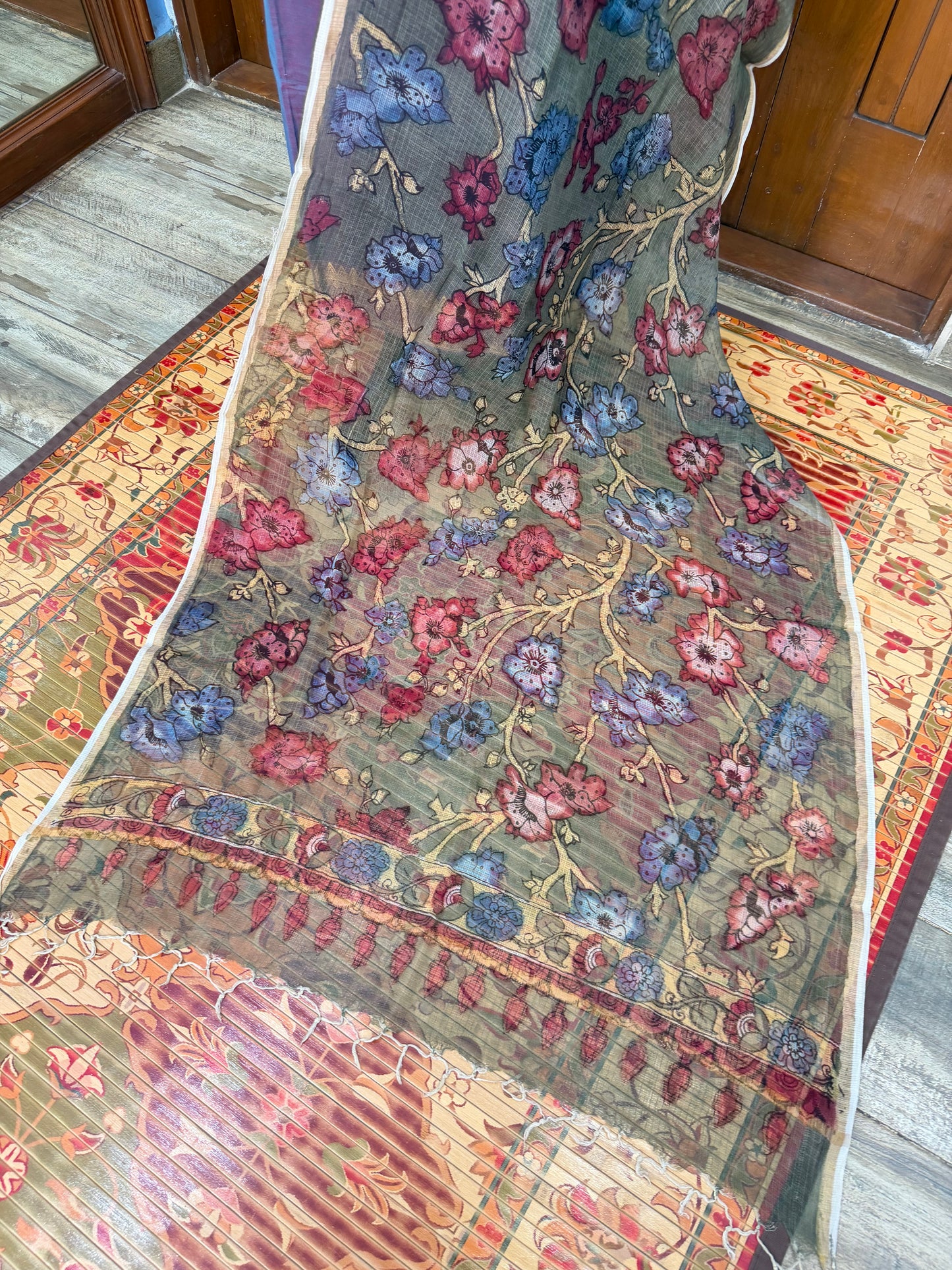 pure cotton kurti material paired with penkalamkari dupatta.