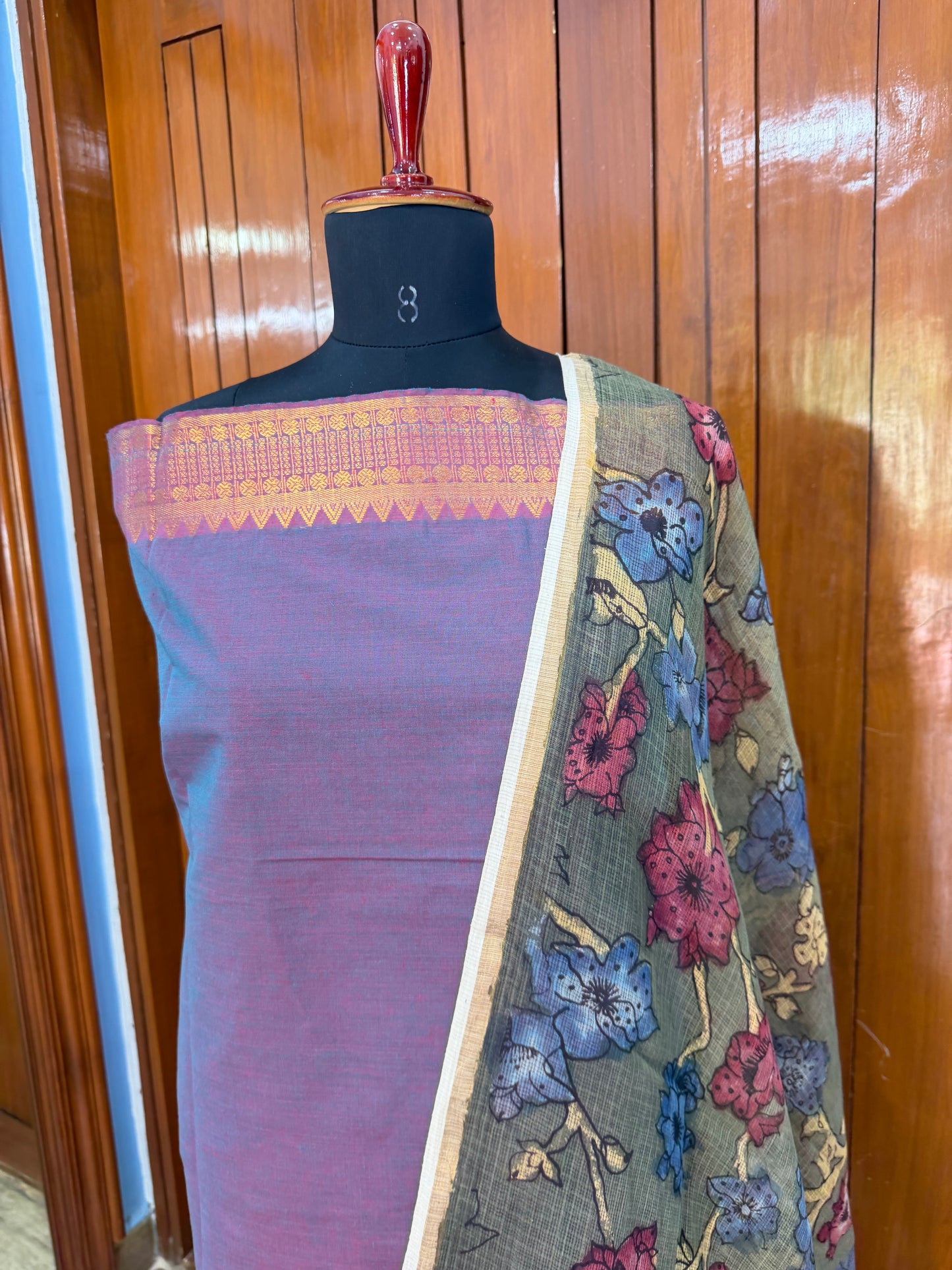 pure cotton kurti material paired with penkalamkari dupatta.