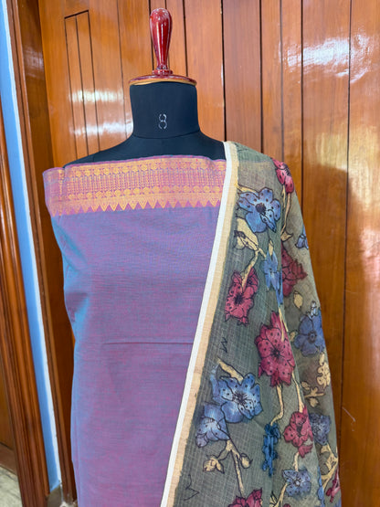 pure cotton kurti material paired with penkalamkari dupatta.