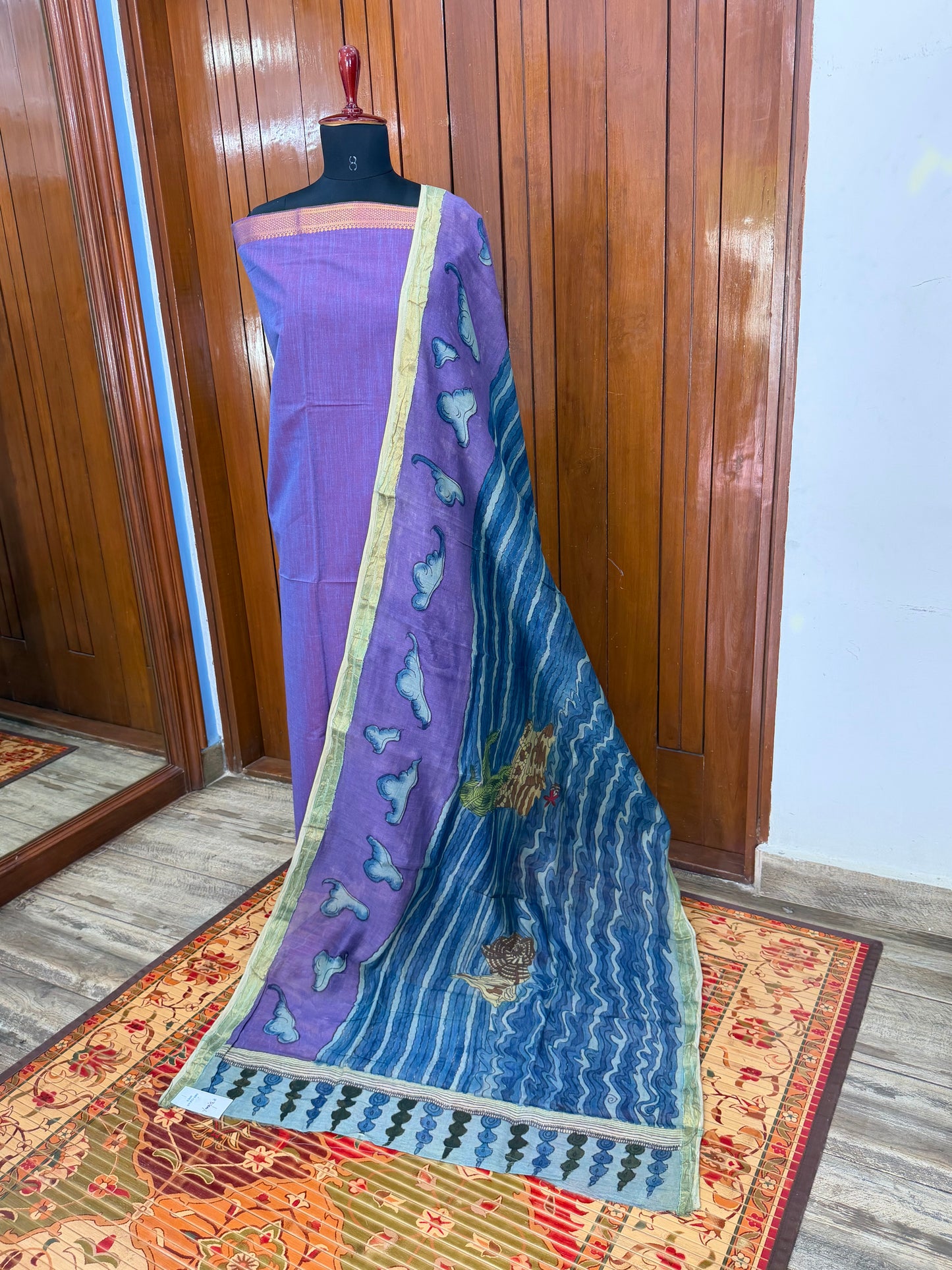 pure cotton kurti material paired with penkalamkari dupatta.