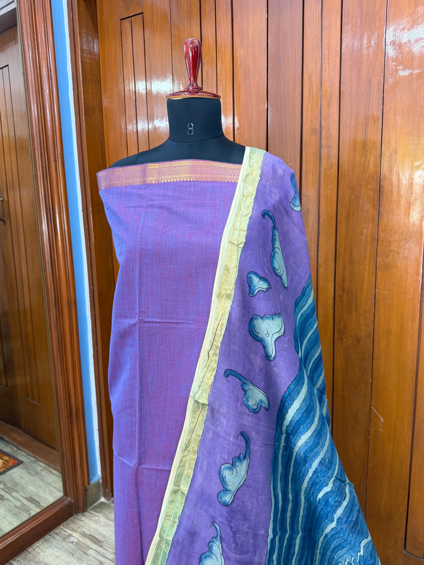 pure cotton kurti material paired with penkalamkari dupatta.