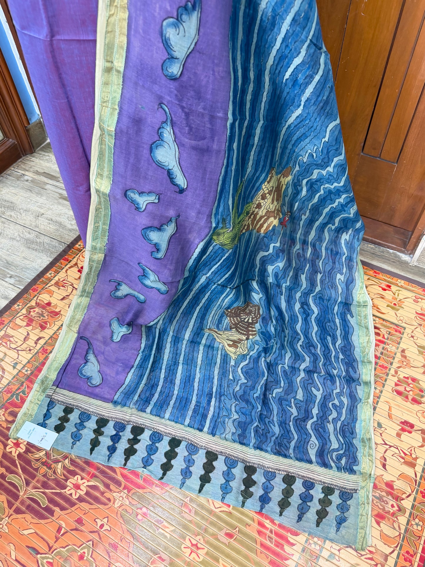 pure cotton kurti material paired with penkalamkari dupatta.