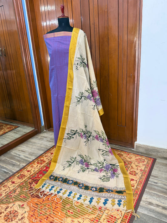 pure cotton kurti material paired with penkalamkari dupatta