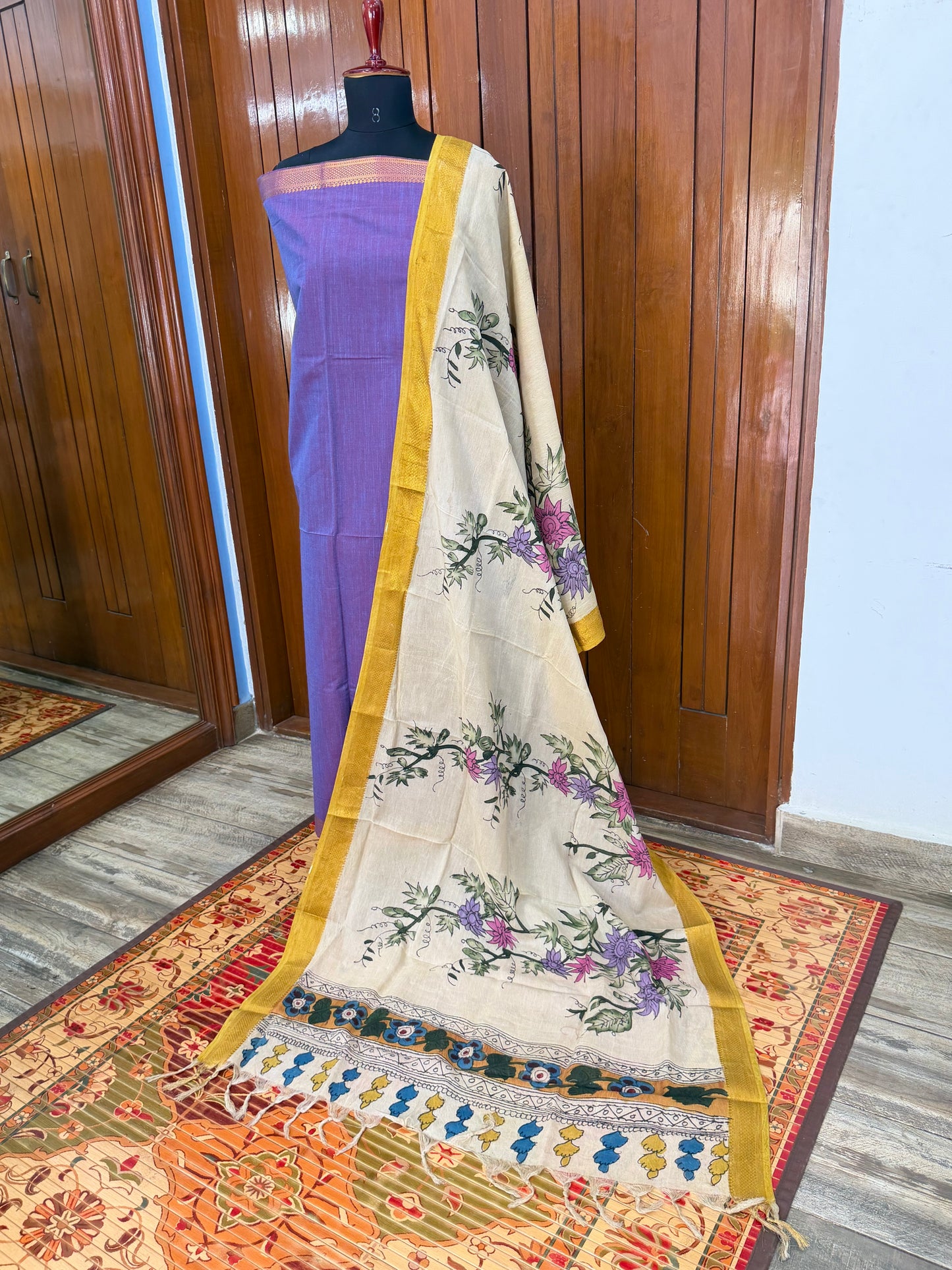 pure cotton kurti material paired with penkalamkari dupatta
