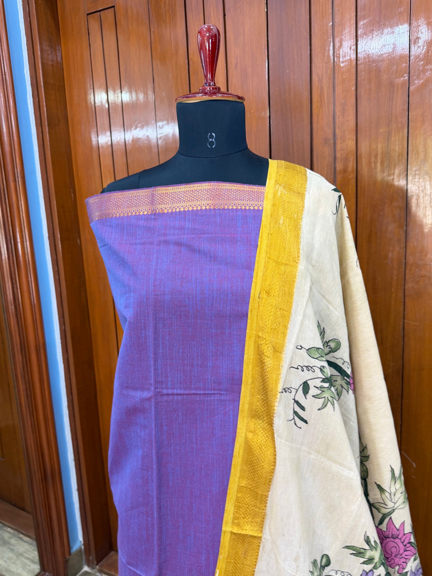pure cotton kurti material paired with penkalamkari dupatta