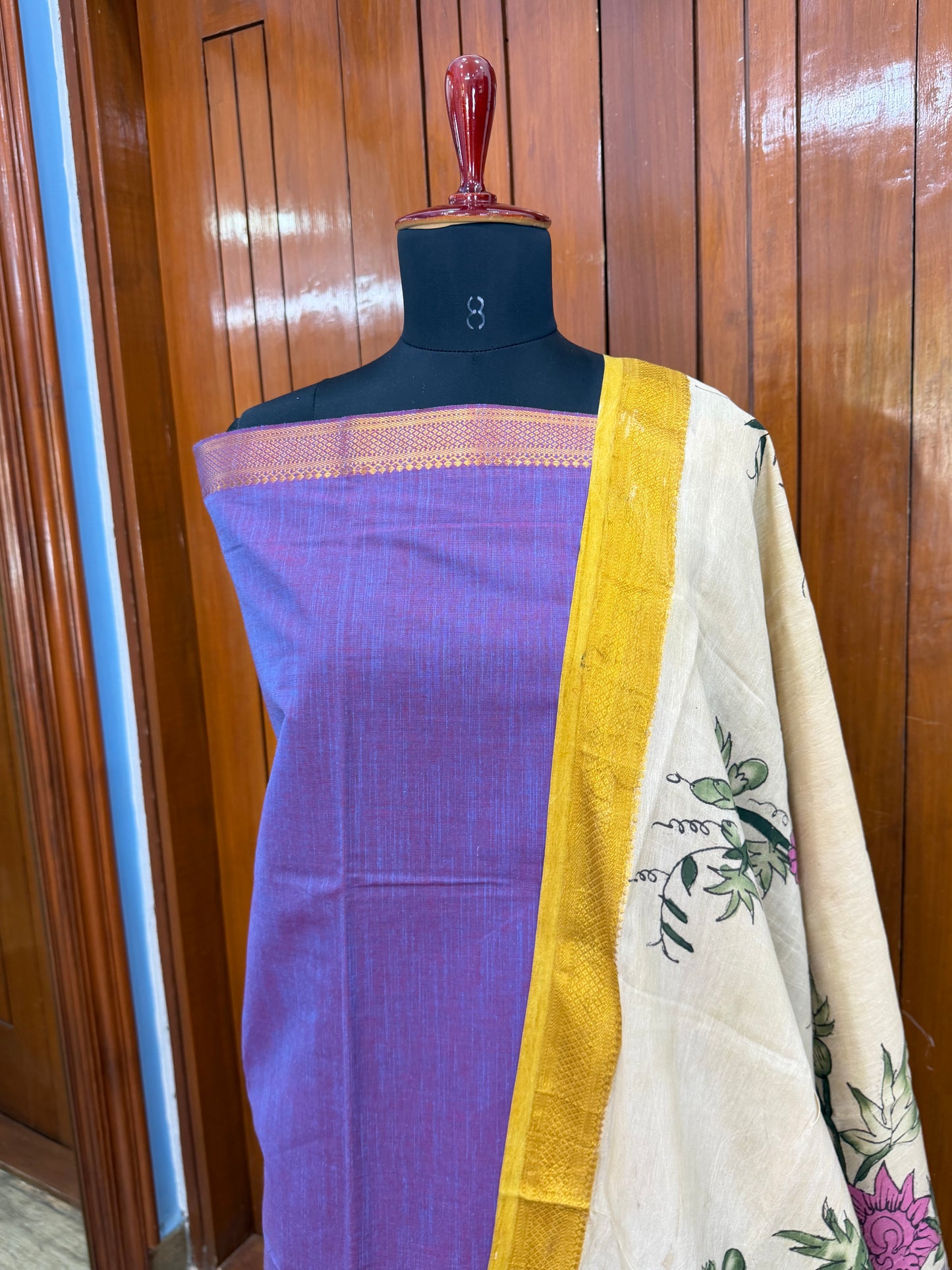 pure cotton kurti material paired with penkalamkari dupatta